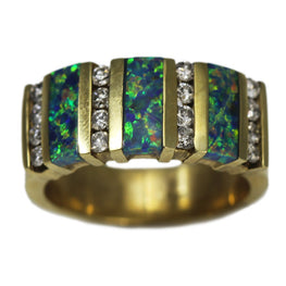 14K Yellow Gold Opal and Diamond Thick Ring