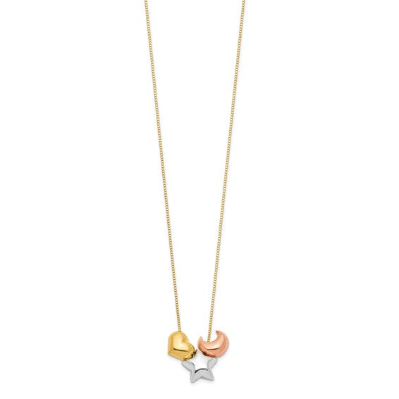 14k Tri-color Heart, Star and Moon Necklace