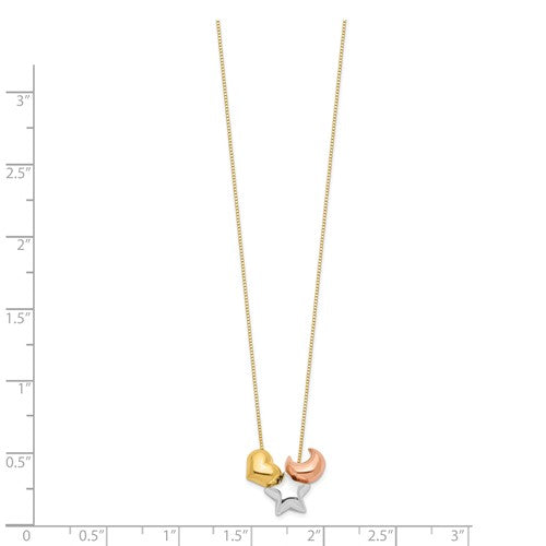 14k Tri-color Heart, Star and Moon Necklace