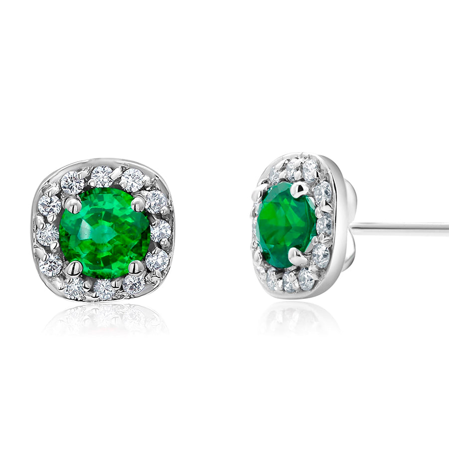 14K Gold Natural Diamond & Emerald Square Halo Earrings