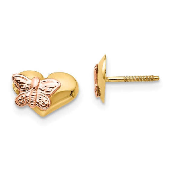 14k  Polished and Rhodium Butterfly Heart Screwback Earrings