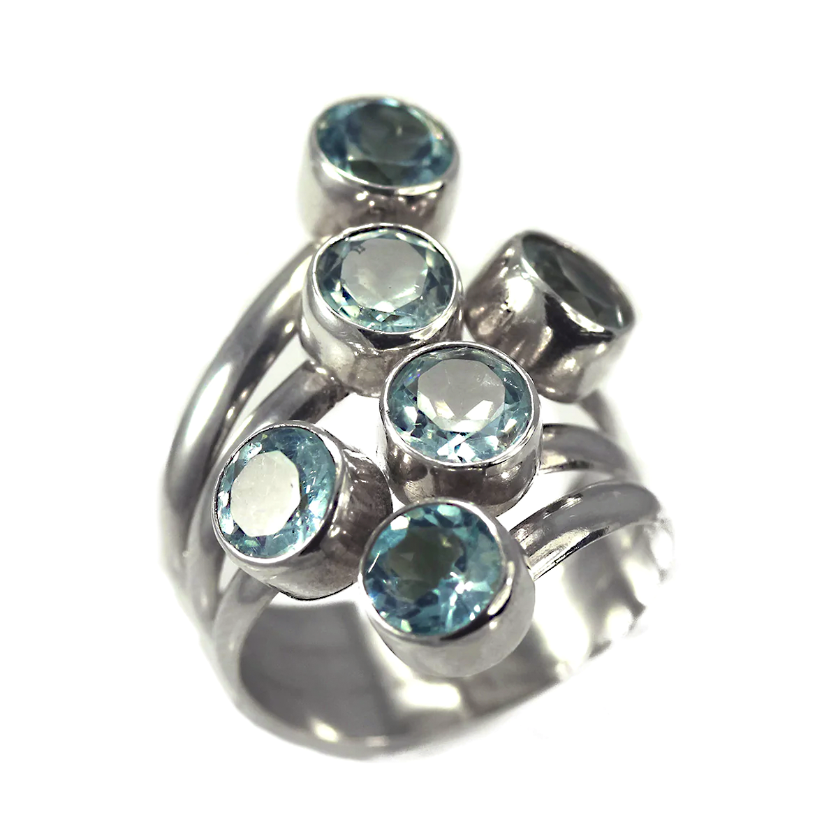 Sterling Silver Ring With Six Round Blue Topaz Stones