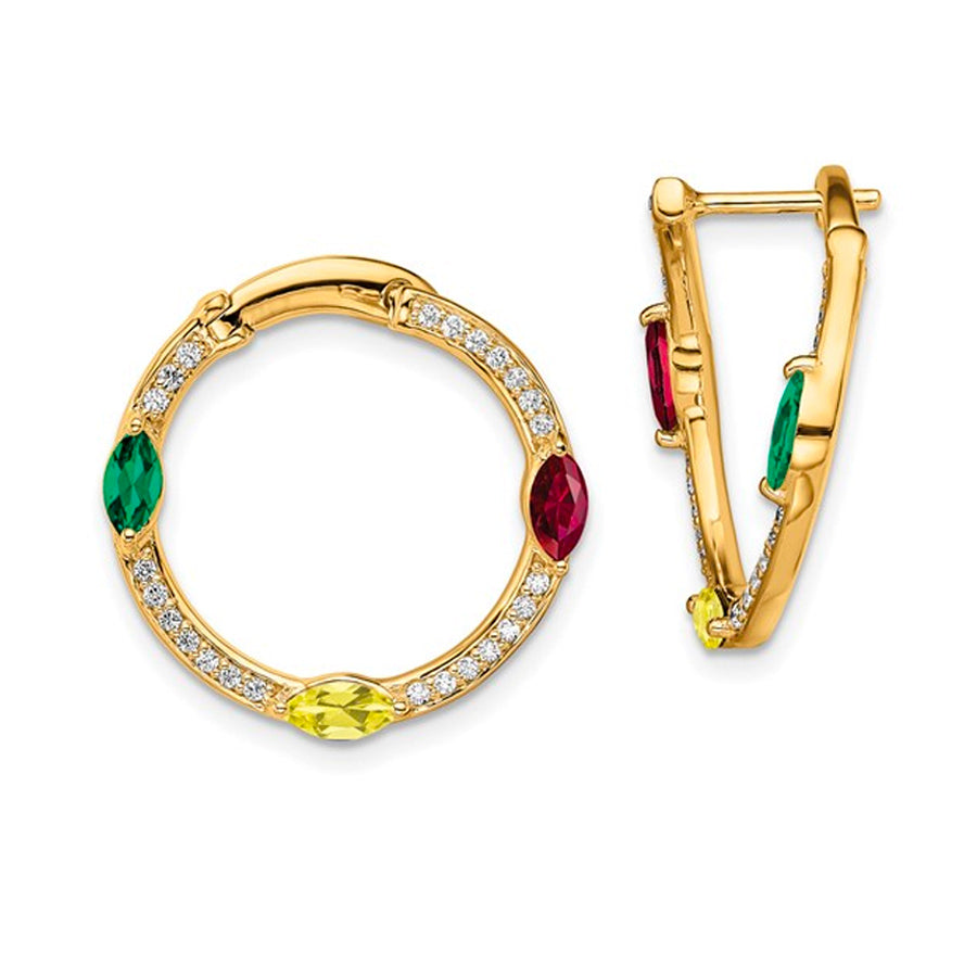 14K Lab Grown Ruby, Emerald & Diamond Twist Hoop Earrings