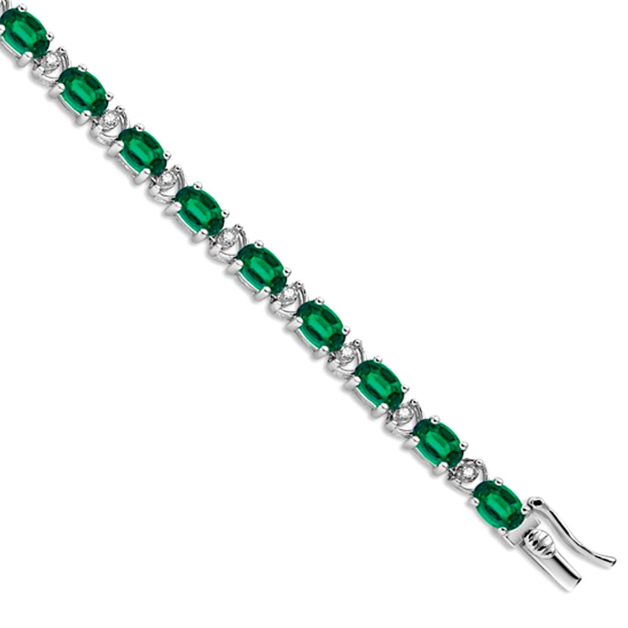 14k White Gold Oval Created Emerald & Diamond Bracelet