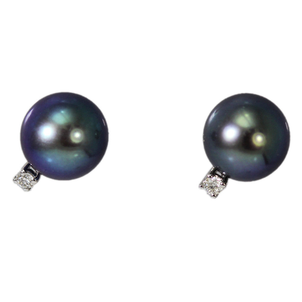 14K White Gold Black Pearl with Diamond Stud Earrings