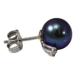 14K White Gold Black Pearl with Diamond Stud Earrings