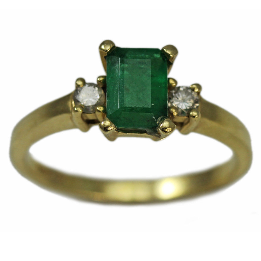 14K Yellow Gold With Emerald and Double Diamond Ring