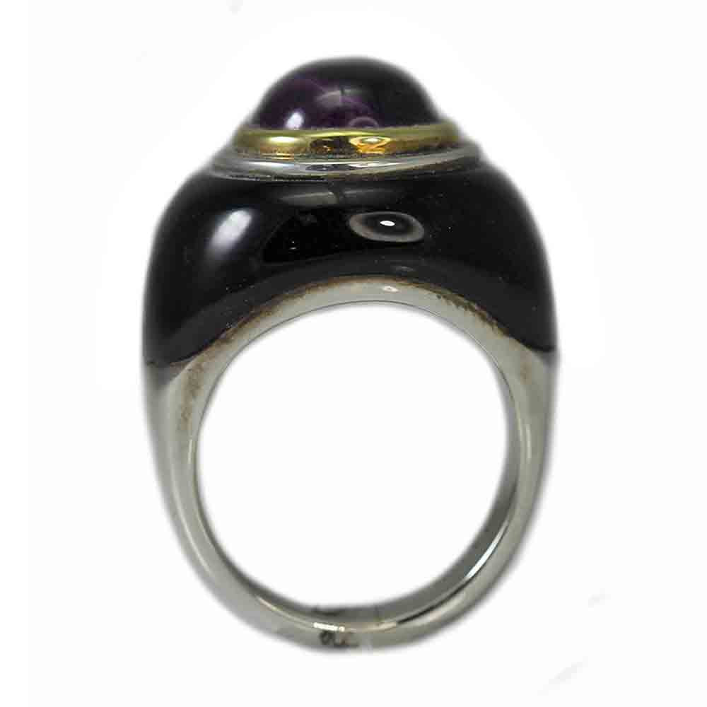 18K Yellow Gold and Sterling Silver Black Onyx and Amethyst Ring