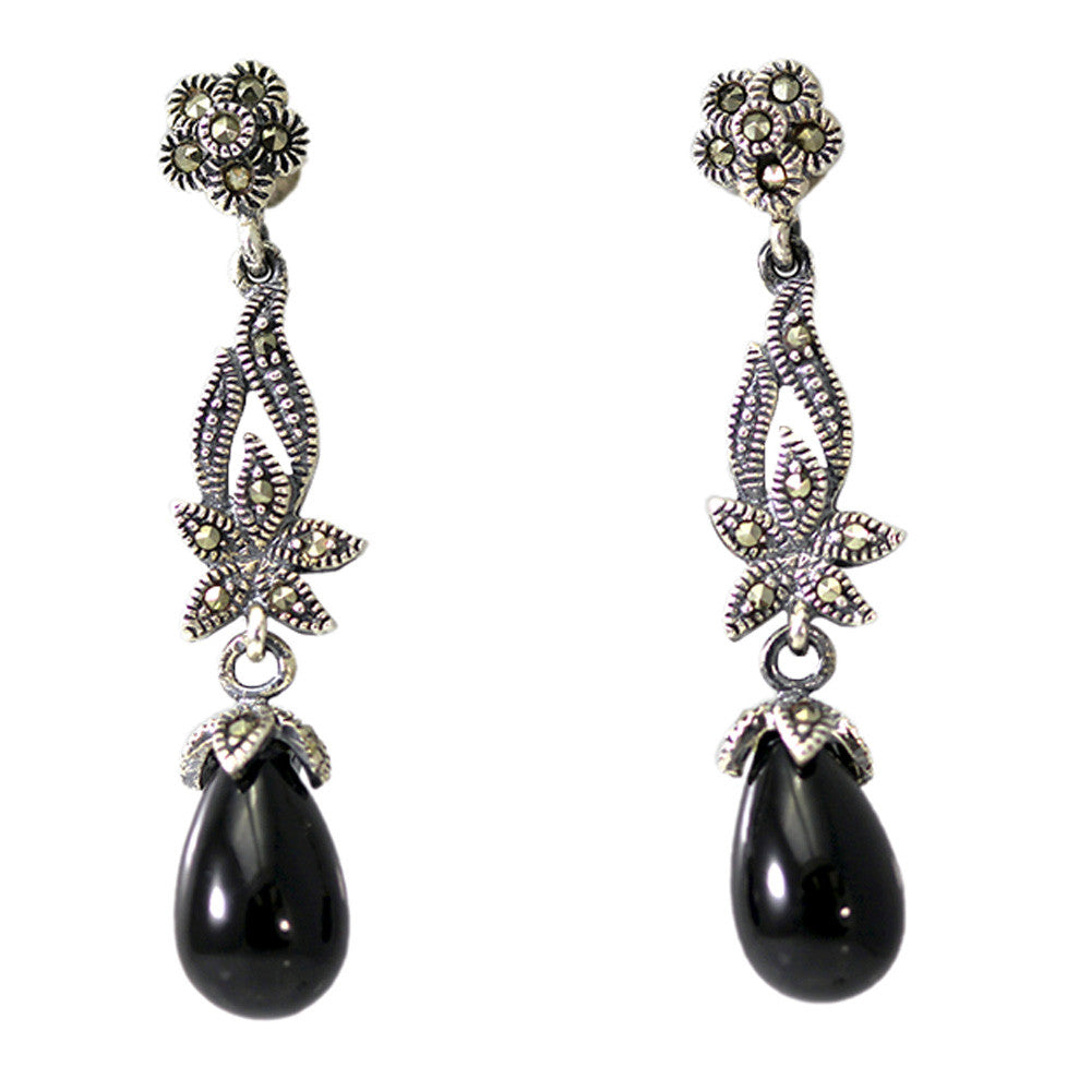 Dangling Black Onyx and Marcasite Earrings