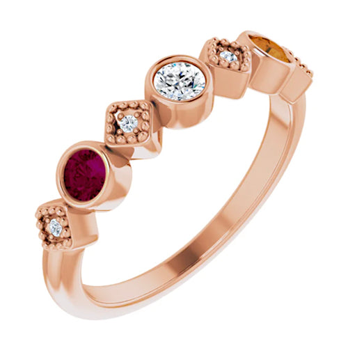14K Rose Gold Diamond And Gemstone Family Stackable Ring