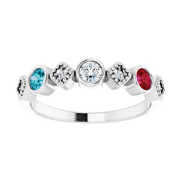 14K White Gold Diamond And Gemstone Family Stackable Ring
