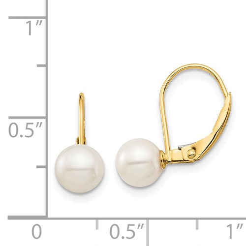 14K Gold White Round Cultured Pearl Leverback Earrings