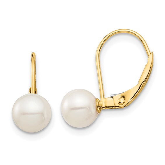 14K Gold White Round Cultured Pearl Leverback Earrings