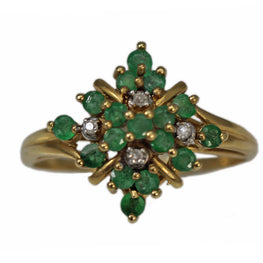 14K Yellow Gold Flower Emerald and Diamond Ring