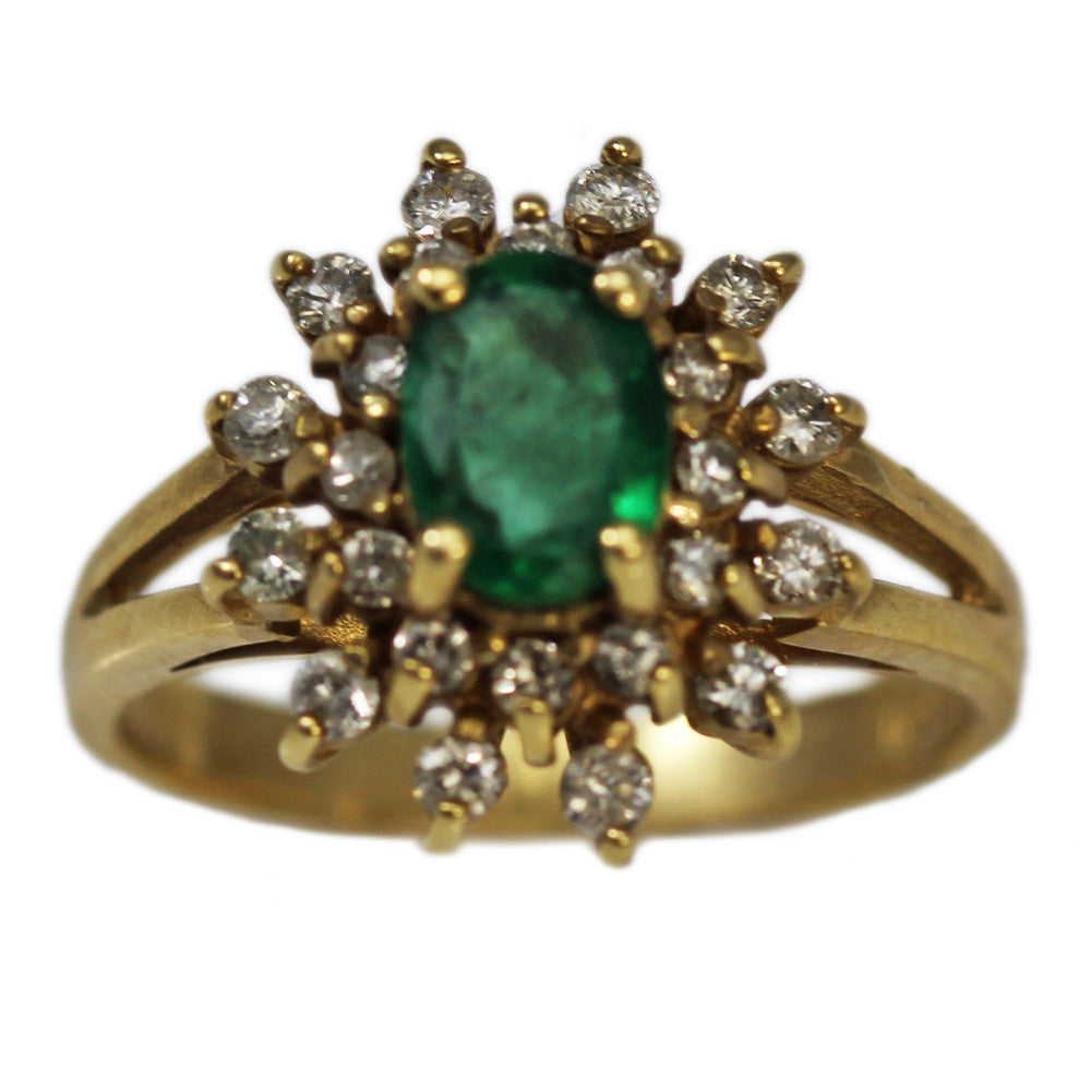 14K Yellow Gold Oval Emerald and Diamond Ring