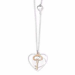 Sterling Silver & Rose-toned Polished Moveable Heart and Key Pendant with 18" Necklace