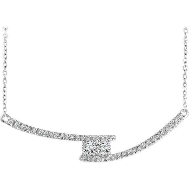 14K White 3/8 CTW Diamond Two-Stone Bar 16-18" Necklace
