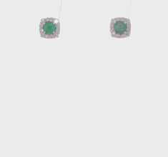 14K Gold Natural Diamond & Emerald Square Halo Earrings