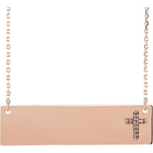 14K Rose Engravable .03 CTW Diamond Cross 16-18" Necklace