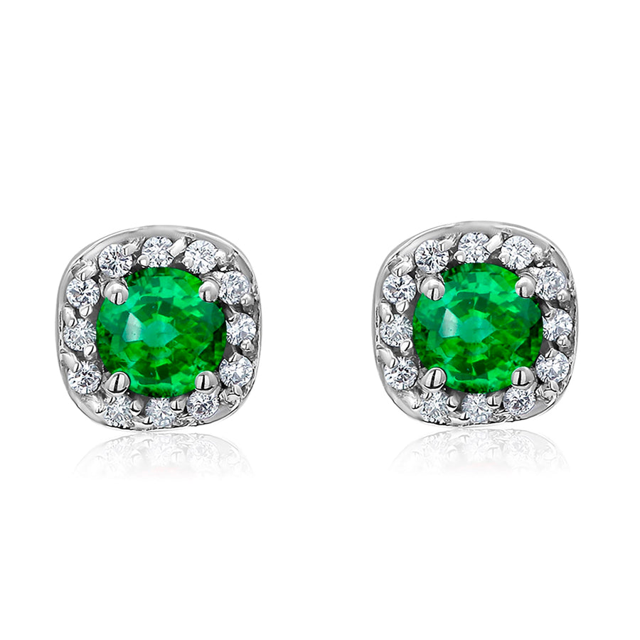 14K Gold Natural Diamond & Emerald Square Halo Earrings