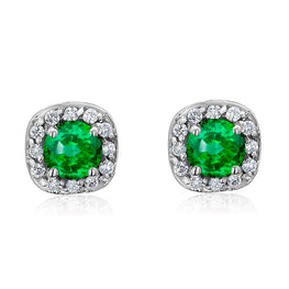 14K Gold Natural Diamond & Emerald Square Halo Earrings