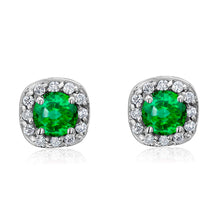 14K Gold Natural Diamond & Emerald Square Halo Earrings