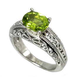 14K White Gold Filigree Shank Peridot Ring