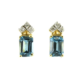 14k yellow gold emerald cut London blue topaz with 6 round diamonds earrings