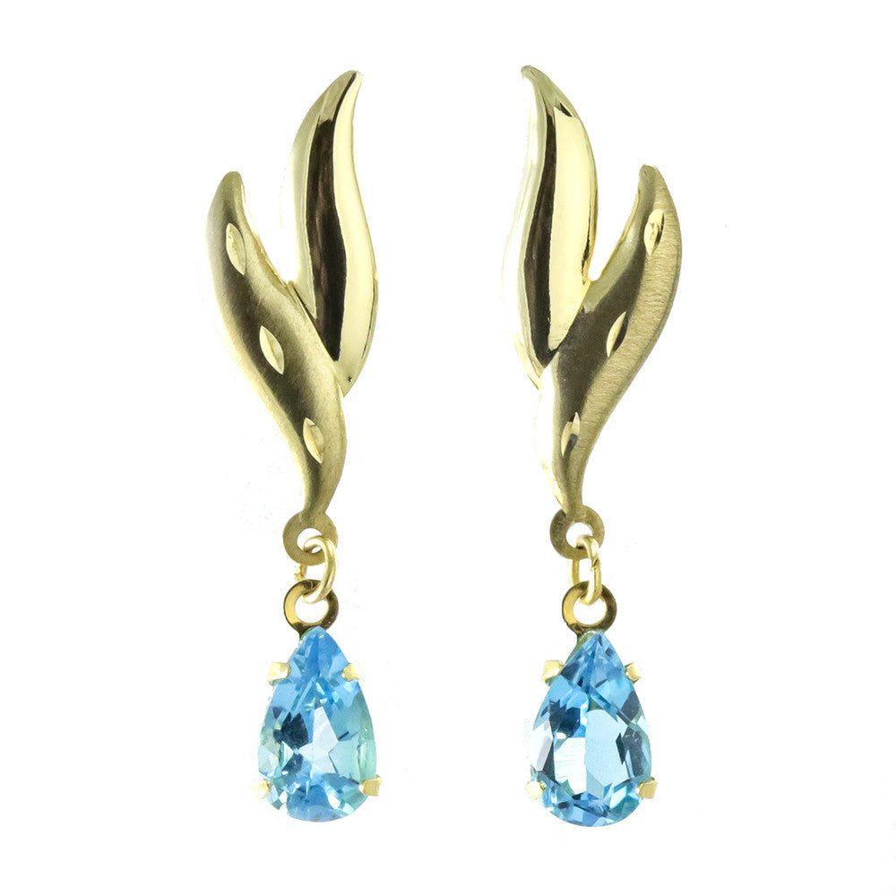 14k yellow gold pear shape blue topaz earrings