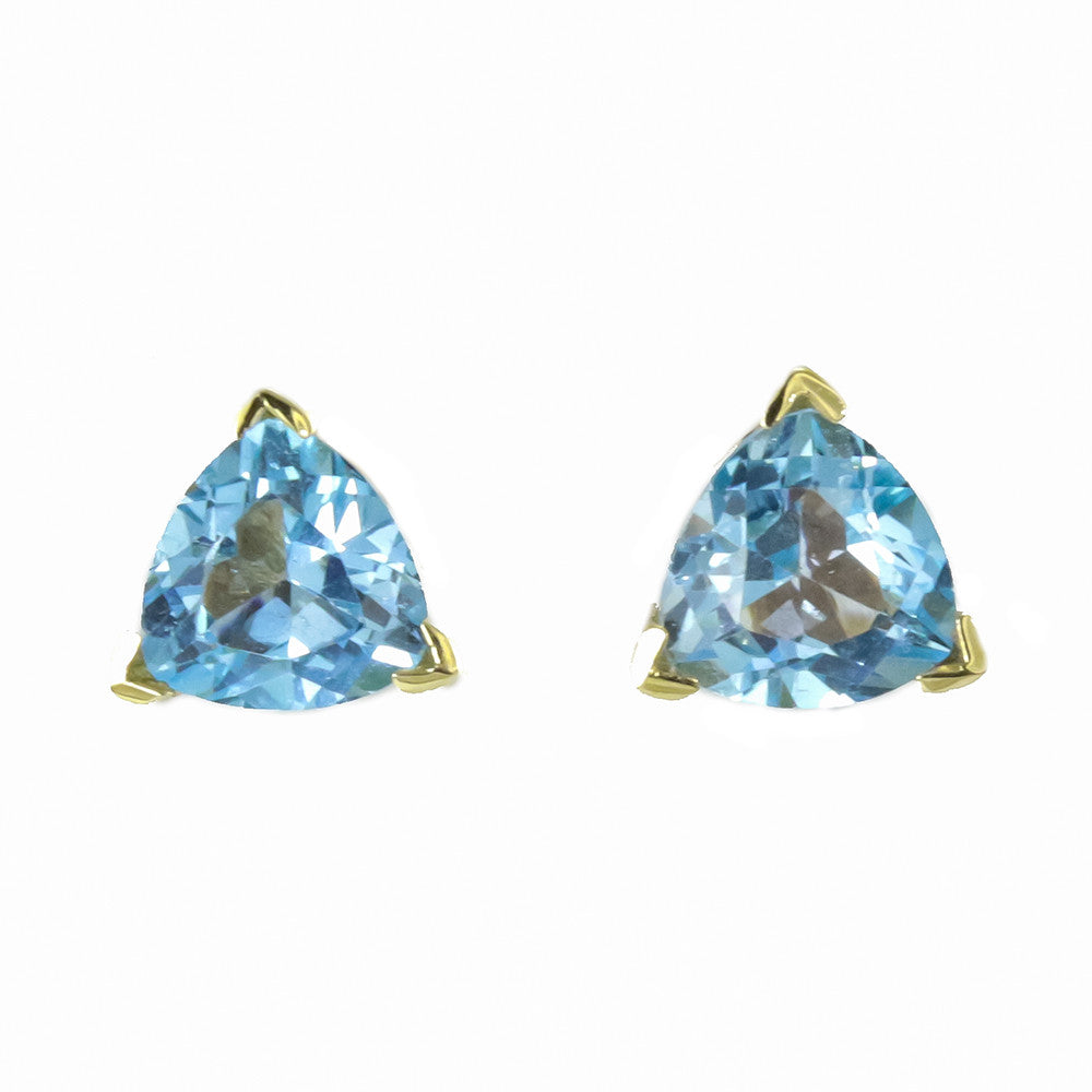 14k yellow gold trillion cut blue topaz stud earrings