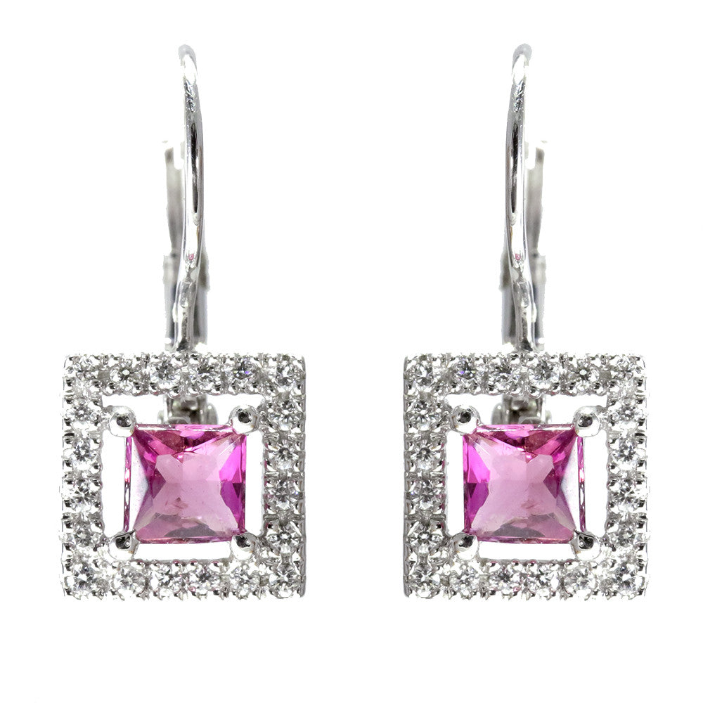 14K Gold Princess Cut Pink Tourmaline & Diamond Earrings