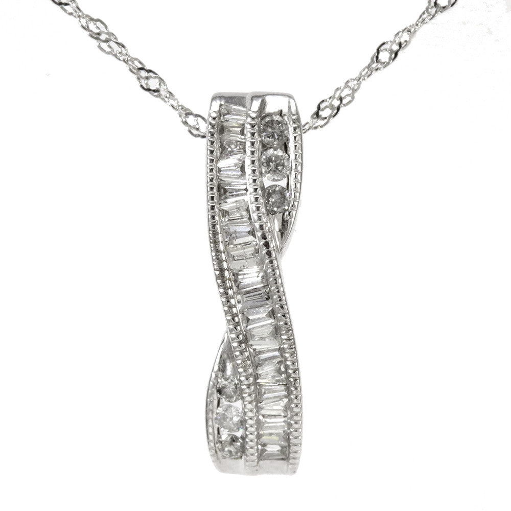 14k white gold baguette and round diamond bar pendant