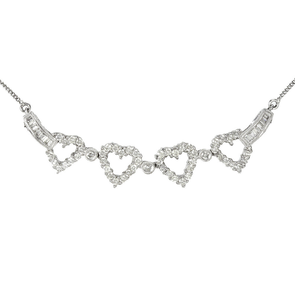 14k white gold 3 in 1 heart and diamond bar  necklace