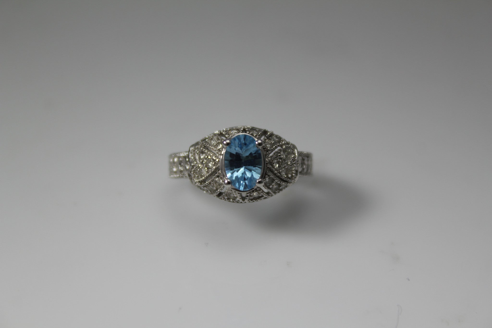 14K White Gold Cluster Diamonds and Blue Topaz Ring