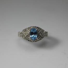 14K White Gold Cluster Diamonds and Blue Topaz Ring