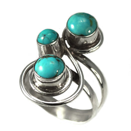 Sterling Silver Spiral Design Ring With Three Round Turquoise Stones