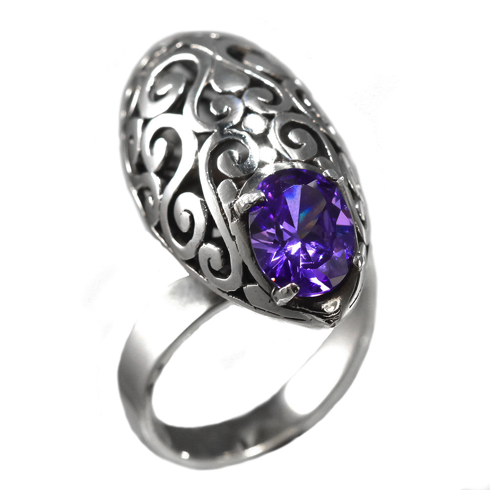Sterling Silver Oval Filigree Ring With Amethyst
