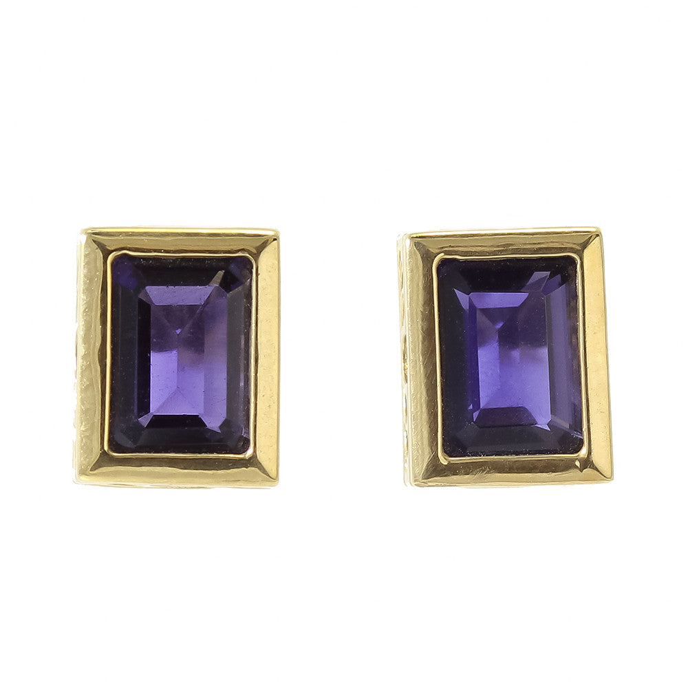 14 k yellow gold emerald cut bezel set iolite earrings