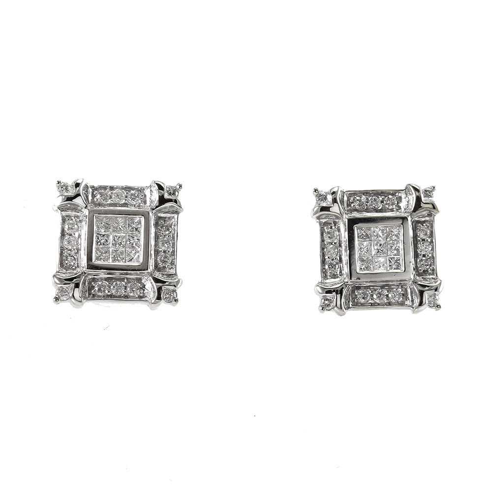 14 k white gold princess cut and round brilliant cut diamond earrings 0.70 ct . total weight