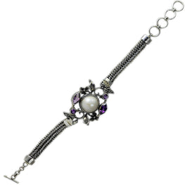 Sterling Silver Flower Pearl Bracelet with Amethyst