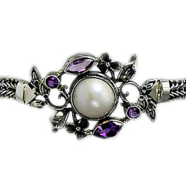 Sterling Silver Flower Pearl Bracelet with Amethyst