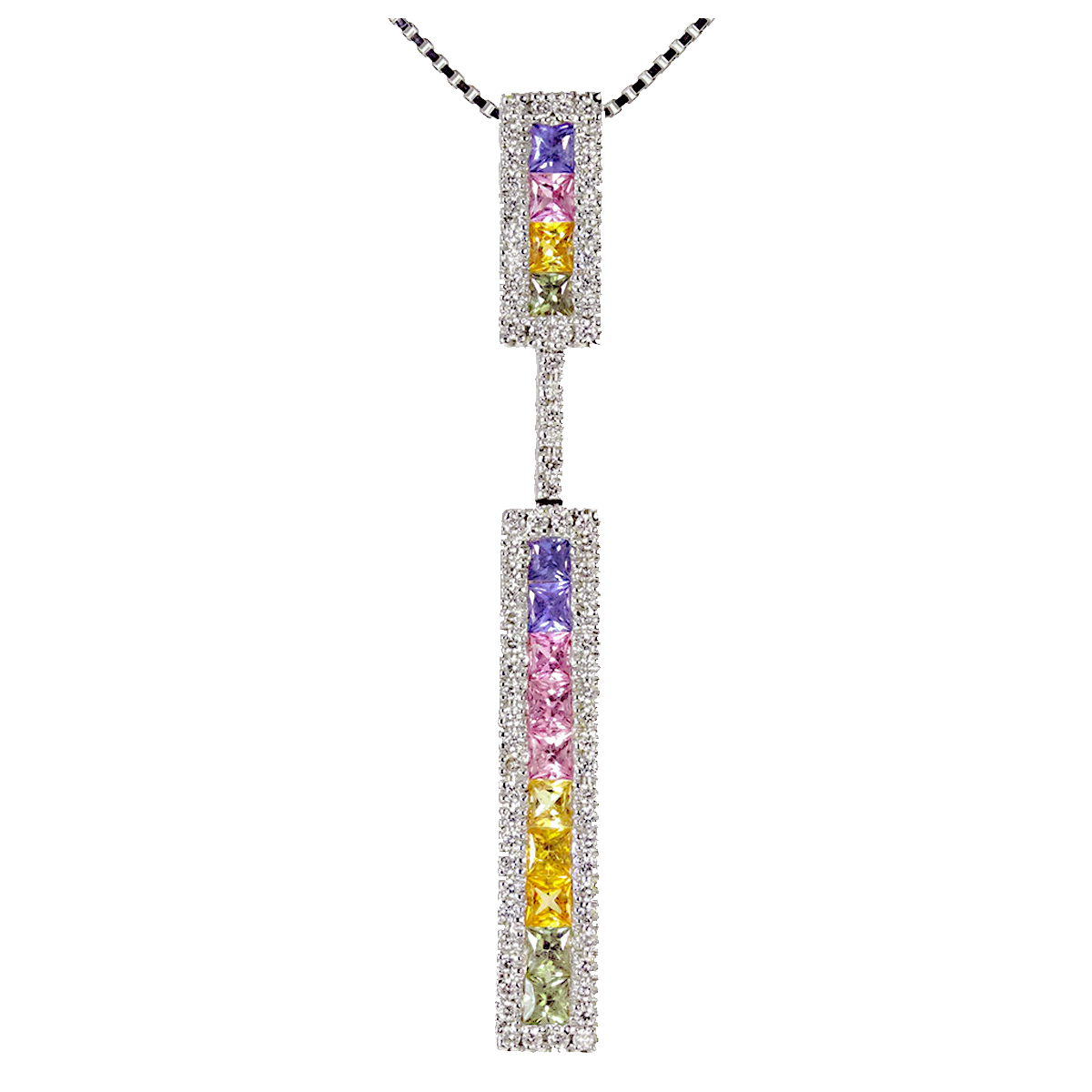 14k white gold multicolored princess cut sapphire and diamond pendant