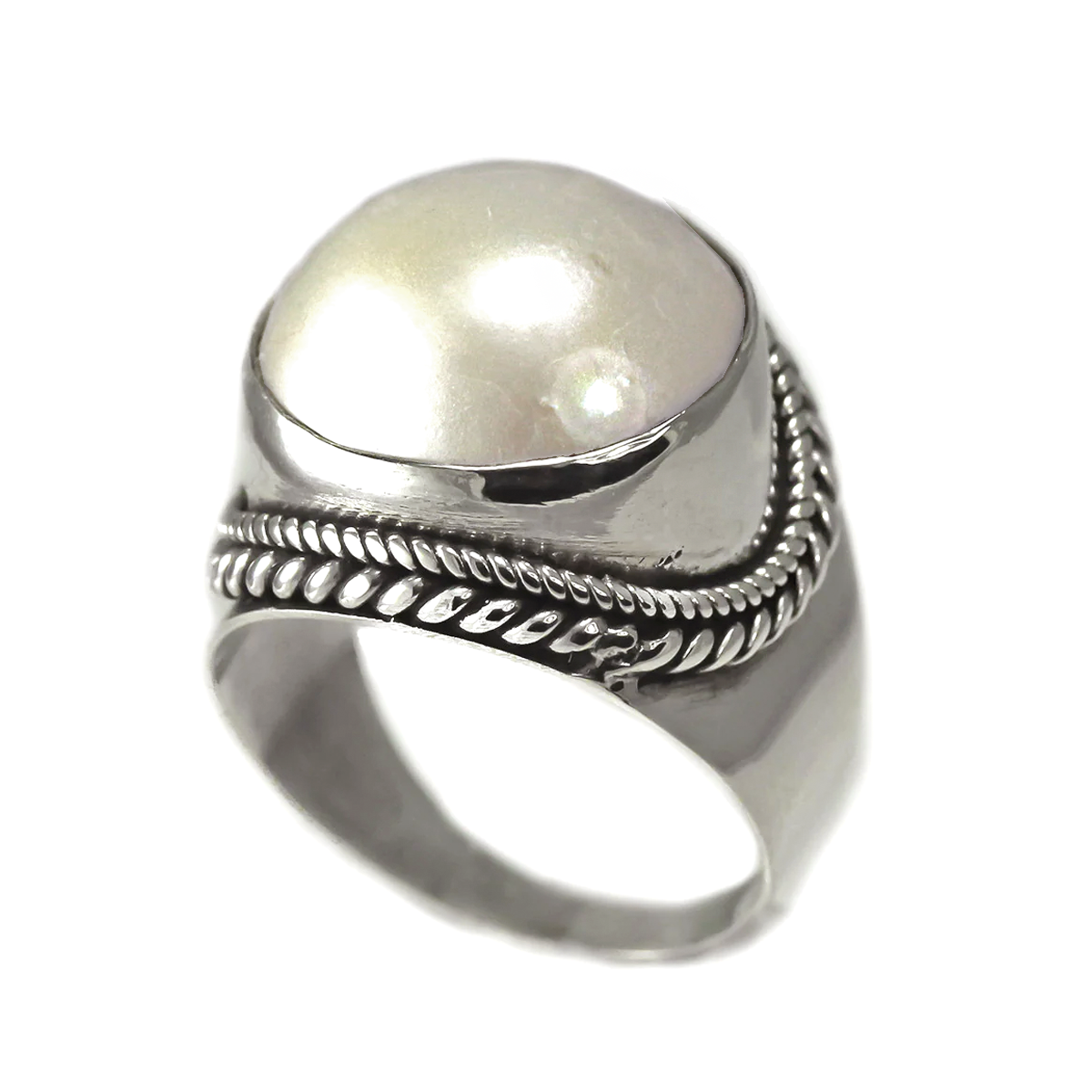 Sterling Silver Round Mabe Pearl Ring With Rope Design