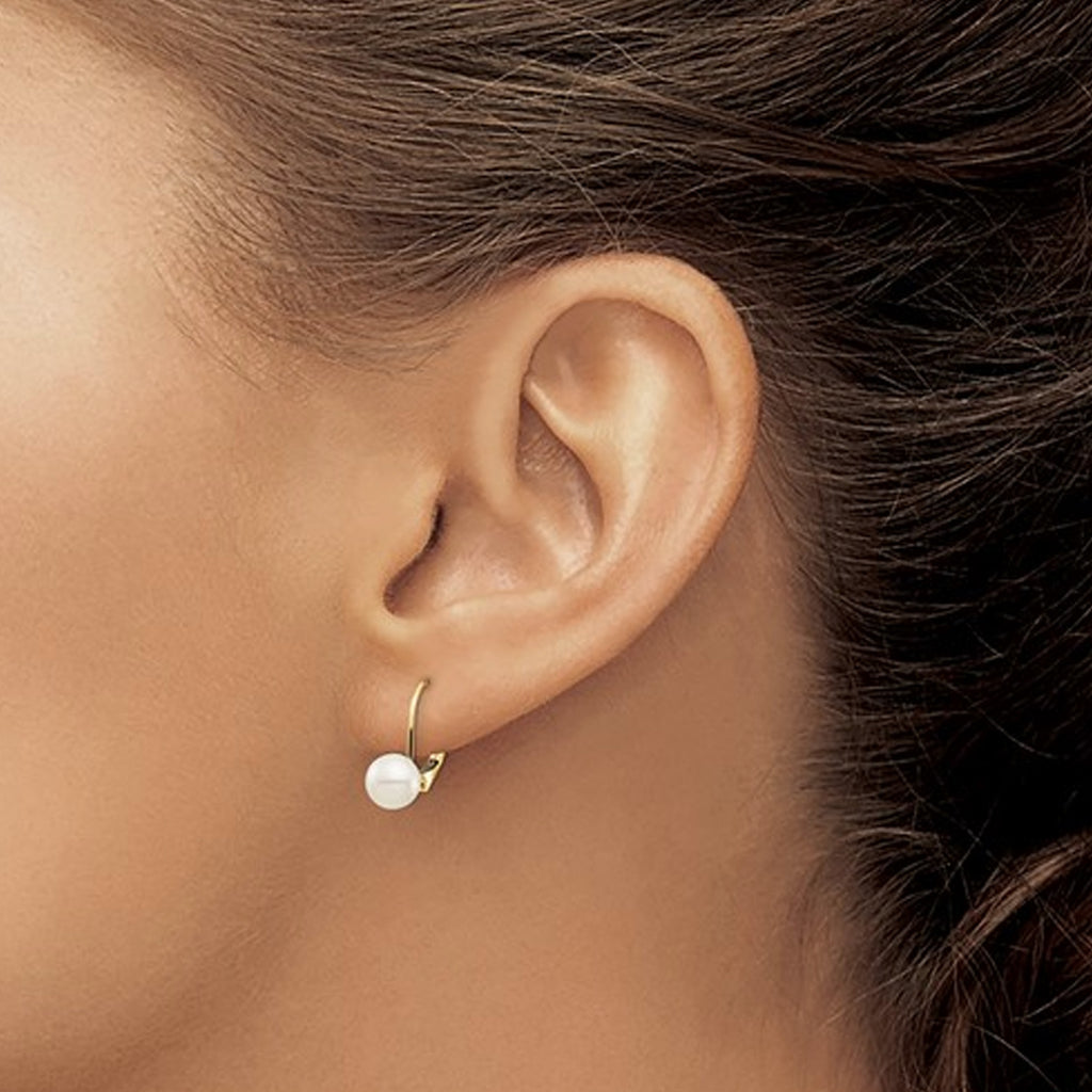 14K Gold White Round Cultured Pearl Leverback Earrings