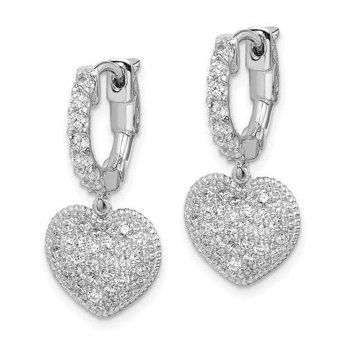 Sterling Silver Rhodium Plated CZ Hinged Hoop Dangle Heart Earrings