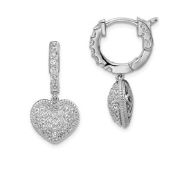 Sterling Silver Rhodium Plated CZ Hinged Hoop Dangle Heart Earrings