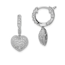 Sterling Silver Rhodium Plated CZ Hinged Hoop Dangle Heart Earrings