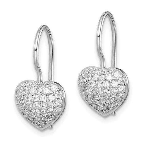 Sterling Silver Rhodium Plated CZ Heart Dangle Earrings