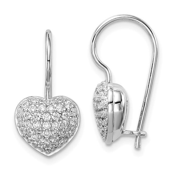 Sterling Silver Rhodium Plated CZ Heart Dangle Earrings