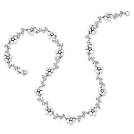 Sterling Silver Rhodium FW Cultured Pearl and CZ Floral Necklace